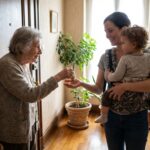 Femme âgée donnant des clés à une mère souriante