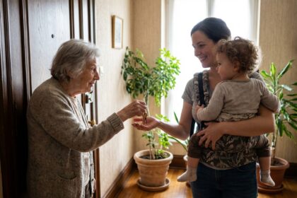 Femme âgée donnant des clés à une mère souriante