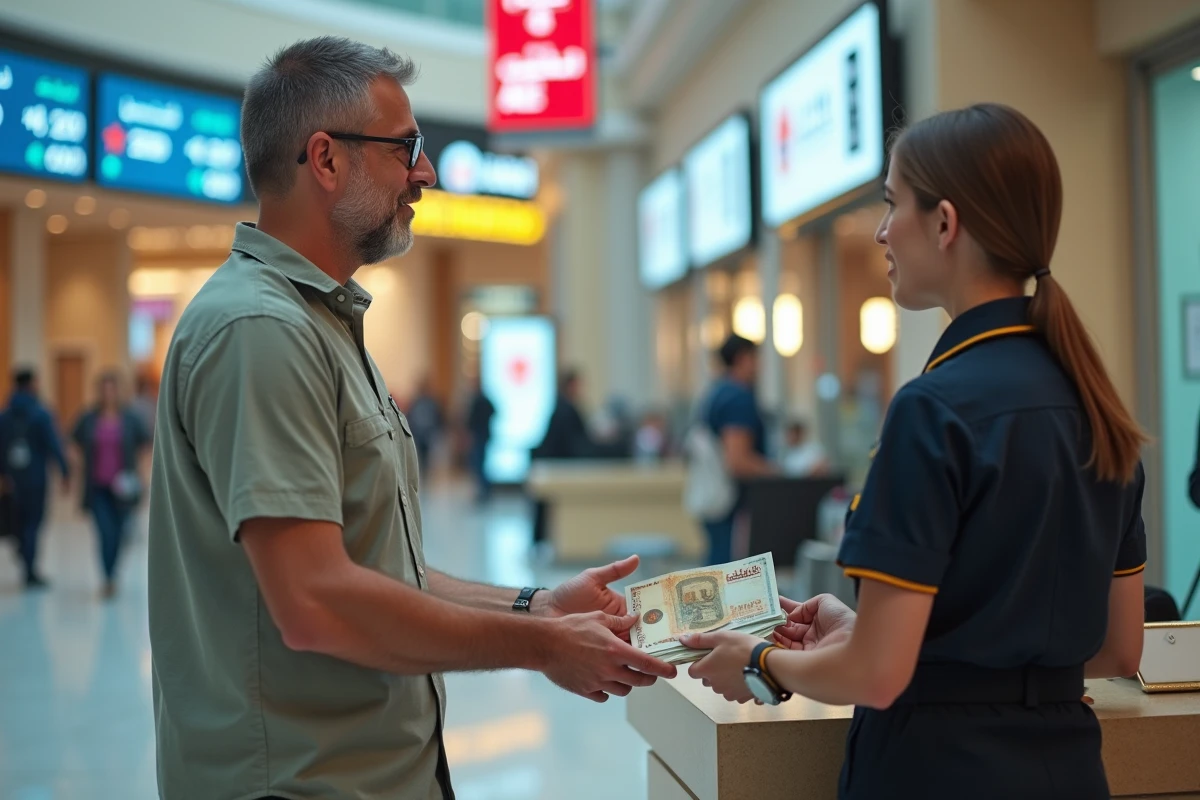 Homme échangeant des dirhams AED à un bureau de change dans un centre commercial de Dubaï