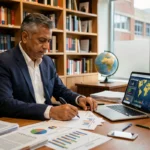 Économiste analysant des graphiques de PIB mondial et des données économiques comparatives sur un bureau de recherche universitaire