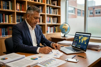 Économiste analysant des graphiques de PIB mondial et des données économiques comparatives sur un bureau de recherche universitaire