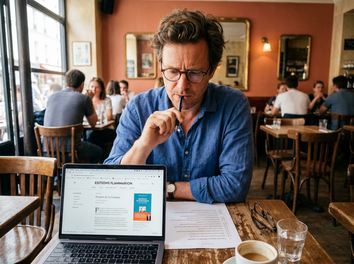 Homme écrivain préparant ses questions pour choisir un éditeur à compte d'auteur, avec une liste imprimée et un ordinateur portable dans un café parisien