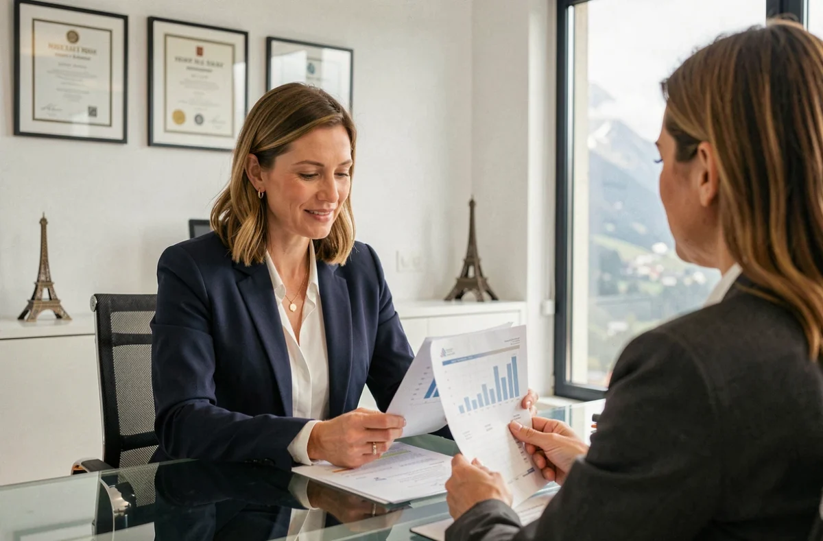 Conseillère en gestion de patrimoine d'Élysées Patrimoines consultant un client dans un bureau moderne à Annecy