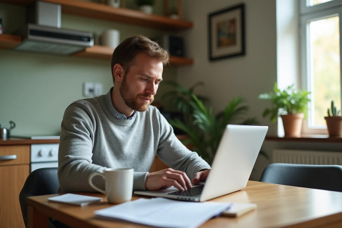 Enseignant consultant sa déclaration d'impôts et sa fiche de paie à domicile sur ordinateur portable