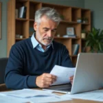 Professeur homme en bureau avec documents et ordinateur