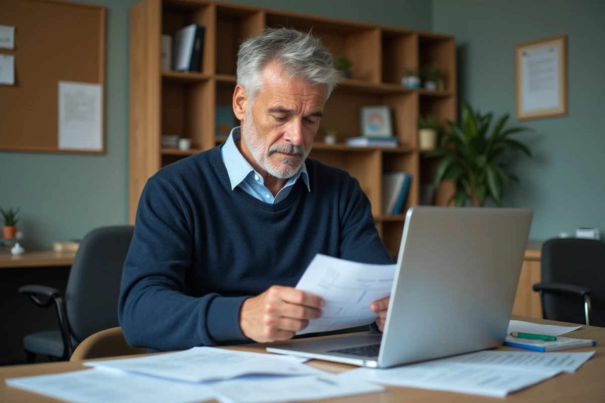 Professeur homme en bureau avec documents et ordinateur
