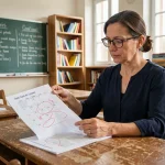 Enseignante consultant un calendrier de dates de paiement 2026 dans une salle de classe française
