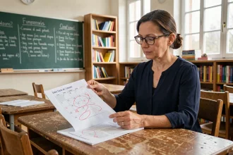 Enseignante consultant un calendrier de dates de paiement 2026 dans une salle de classe française