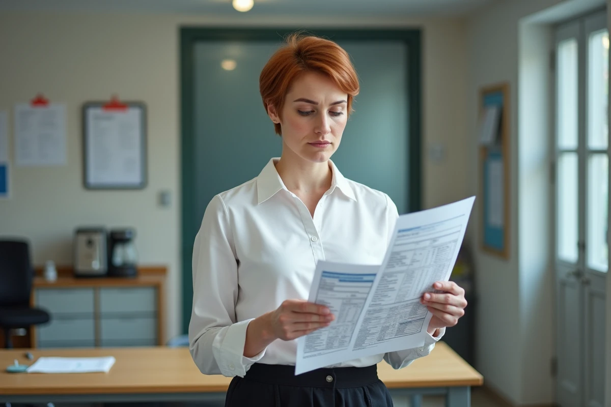 Enseignante comparant sa fiche de paie et son avis d'imposition dans la salle des professeurs