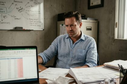 Chef de petite entreprise stressé face à des problèmes de trésorerie, entouré de factures et de tableaux financiers négatifs sur ordinateur