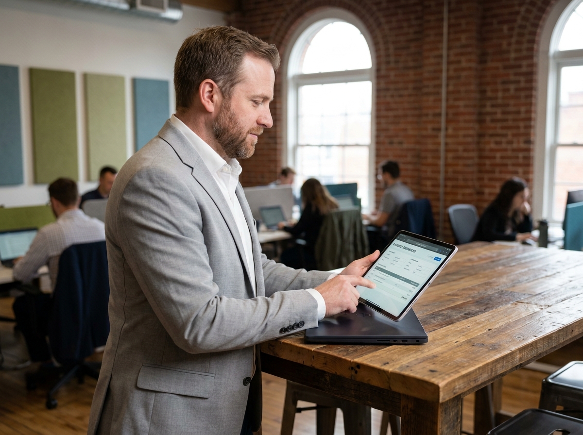 Entrepreneur utilisant une tablette pour gérer la facturation électronique dans un espace de coworking