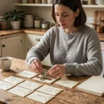 Femme qui trie des billets dans des enveloppes budgétaires papier étiquetées sur une table en bois à la maison
