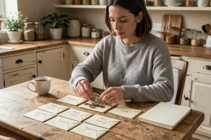 Femme qui trie des billets dans des enveloppes budgétaires papier étiquetées sur une table en bois à la maison