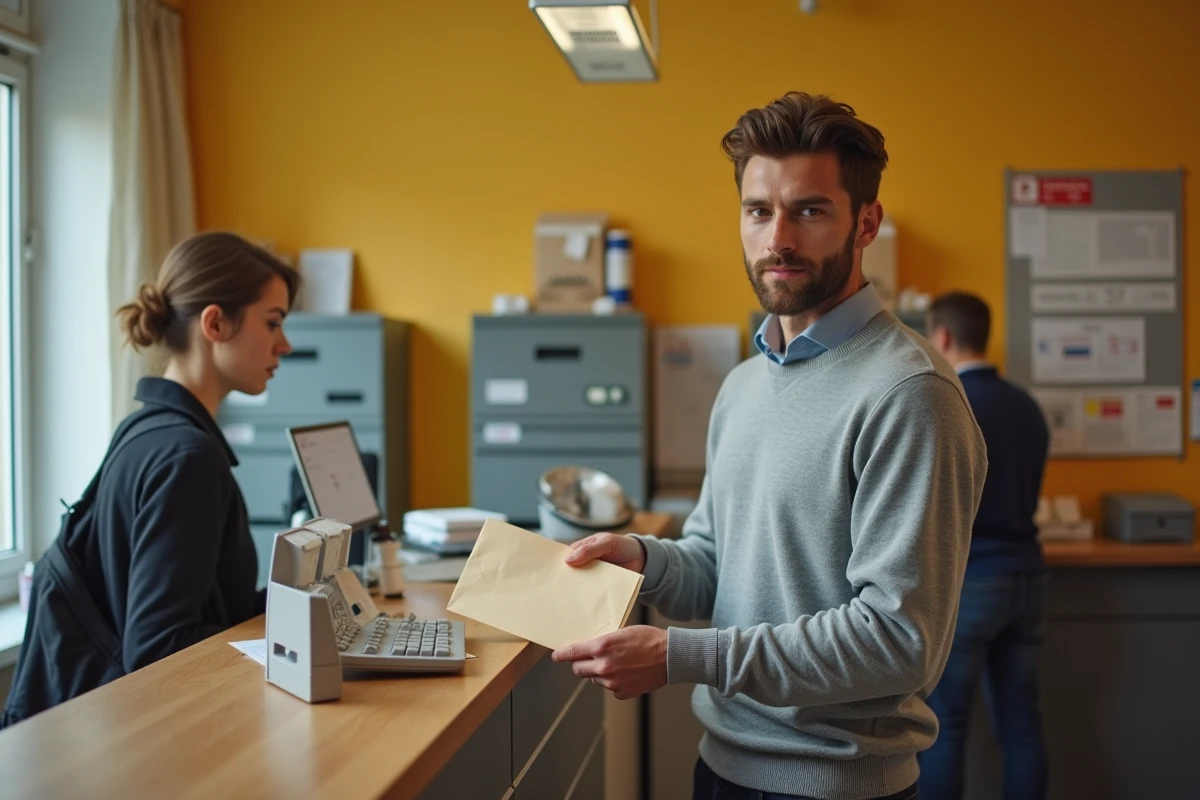 Homme envoyant un courrier recommandé à l'adresse de l'assurance ACM IARD dans un bureau de poste français