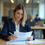 Femme en blazer marine analysant des documents d'épargne salariale dans un bureau moderne