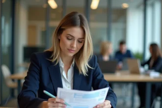 Femme en blazer marine analysant des documents d'épargne salariale dans un bureau moderne