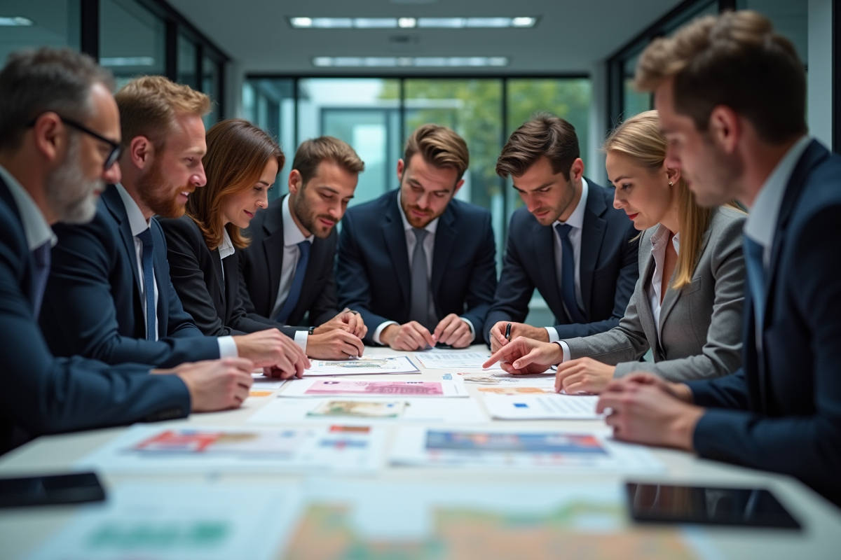 Groupe de professionnels analysant des graphiques et billets en euros