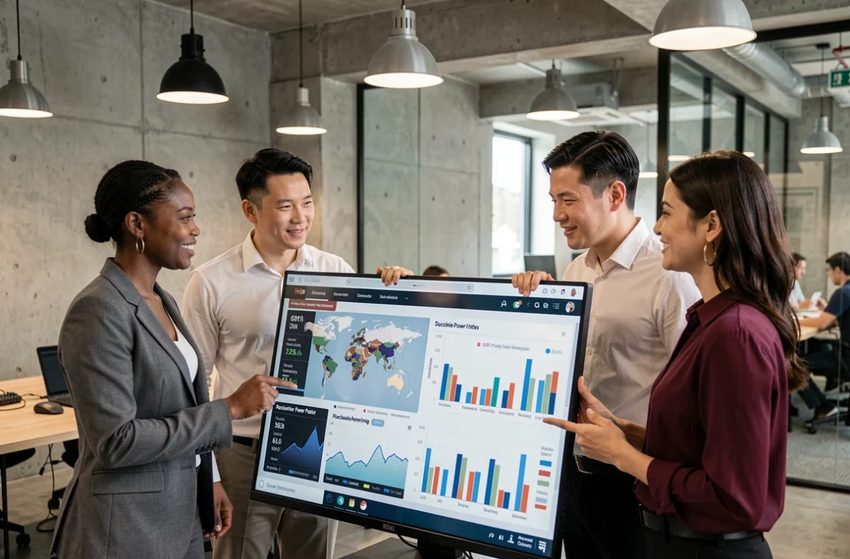 Équipe pluridisciplinaire d'économistes analysant des indicateurs de puissance économique mondiale sur un écran interactif dans un bureau moderne