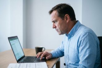 Homme d'affaires examinant attentivement un document signé en ligne sur son ordinateur portable, l'air préoccupé face à une possible erreur