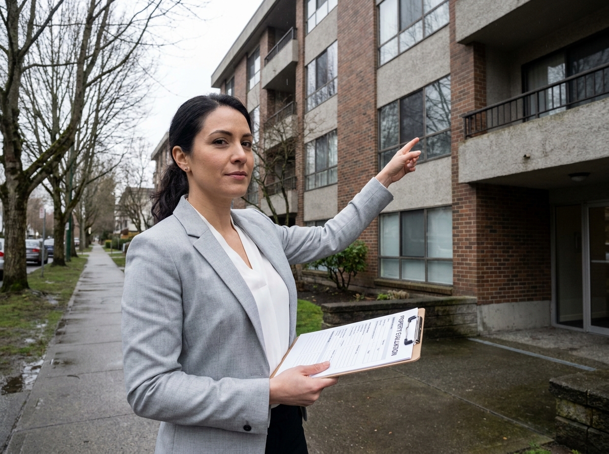 Femme professionnelle évaluant un immeuble résidentiel pour un investissement immobilier locatif