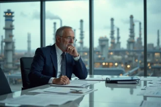 Cadre d’un executive en réunion avec refinery en arrière-plan