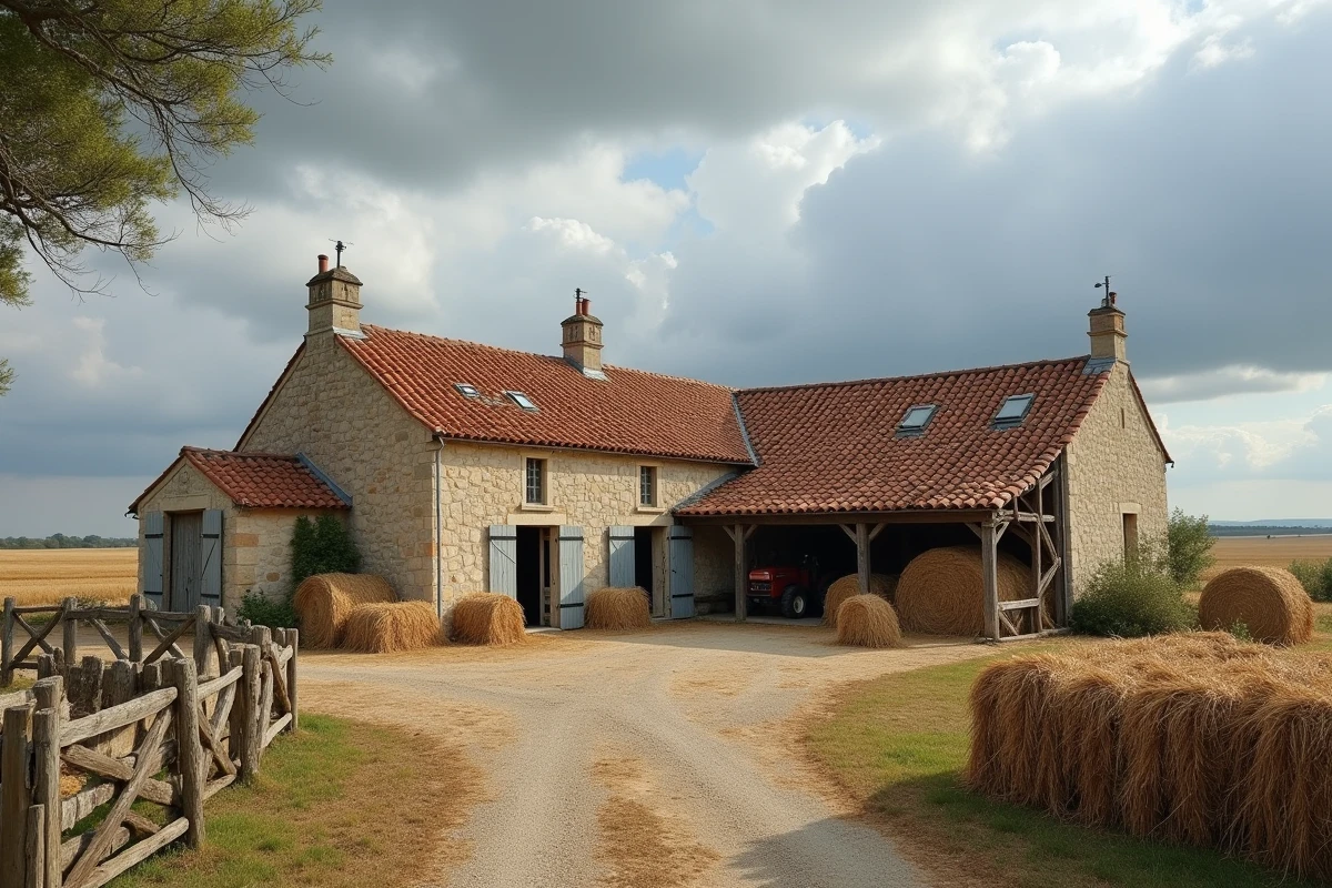 Exploitation agricole française avec bottes de paille et bâtiments en pierre, illustrant les enjeux du fermage et de la fiscalité agricole 2026