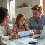 Jeune famille discutant de factures à la cuisine lumineuse