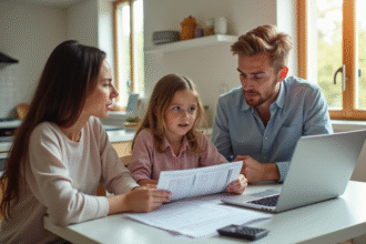 Jeune famille discutant de factures à la cuisine lumineuse