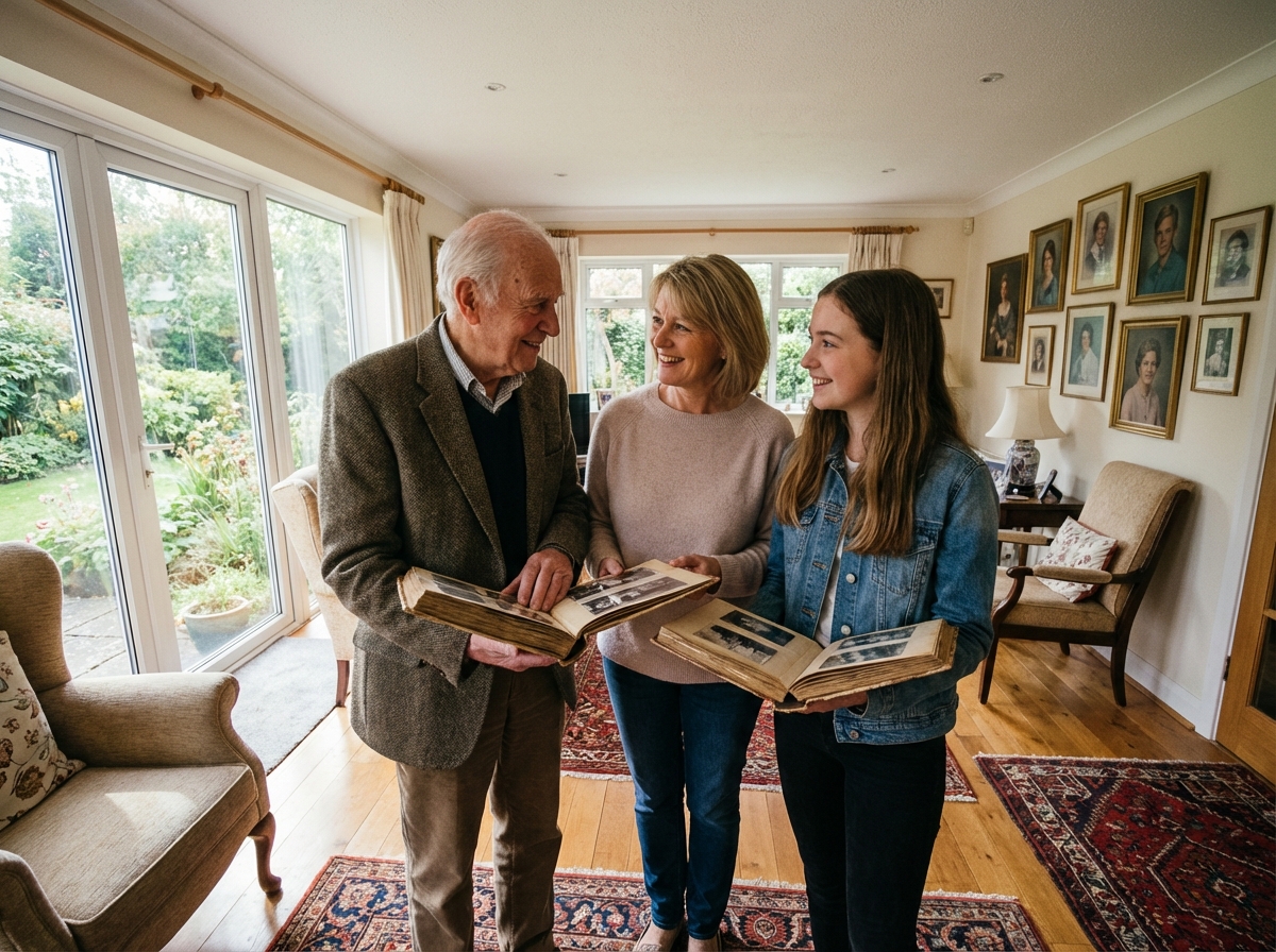 Trois générations regardant des albums photo dans un salon lumineux