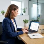 Femme d'affaires consultant une plateforme de facturation électronique sur son ordinateur portable dans un bureau moderne