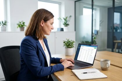 Femme d'affaires consultant une plateforme de facturation électronique sur son ordinateur portable dans un bureau moderne