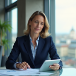 Femme d'affaires française en costume navy dans un bureau moderne