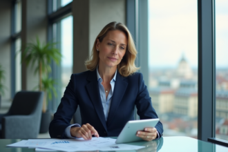 Femme d'affaires française en costume navy dans un bureau moderne