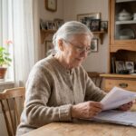 Une femme âgée examine des documents d'assurance obsèques à sa table de cuisine, symbole de prévoyance et de planification funéraire
