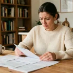 Femme consultant son livret LEL à la table de cuisine, analysant ses relevés bancaires pour éviter les erreurs de rendement