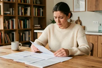 Femme consultant son livret LEL à la table de cuisine, analysant ses relevés bancaires pour éviter les erreurs de rendement