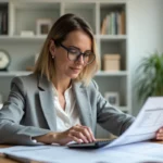 Femme analysant des documents de remboursement à son bureau à domicile avec une calculatrice