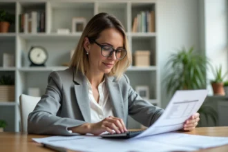 Femme analysant des documents de remboursement à son bureau à domicile avec une calculatrice