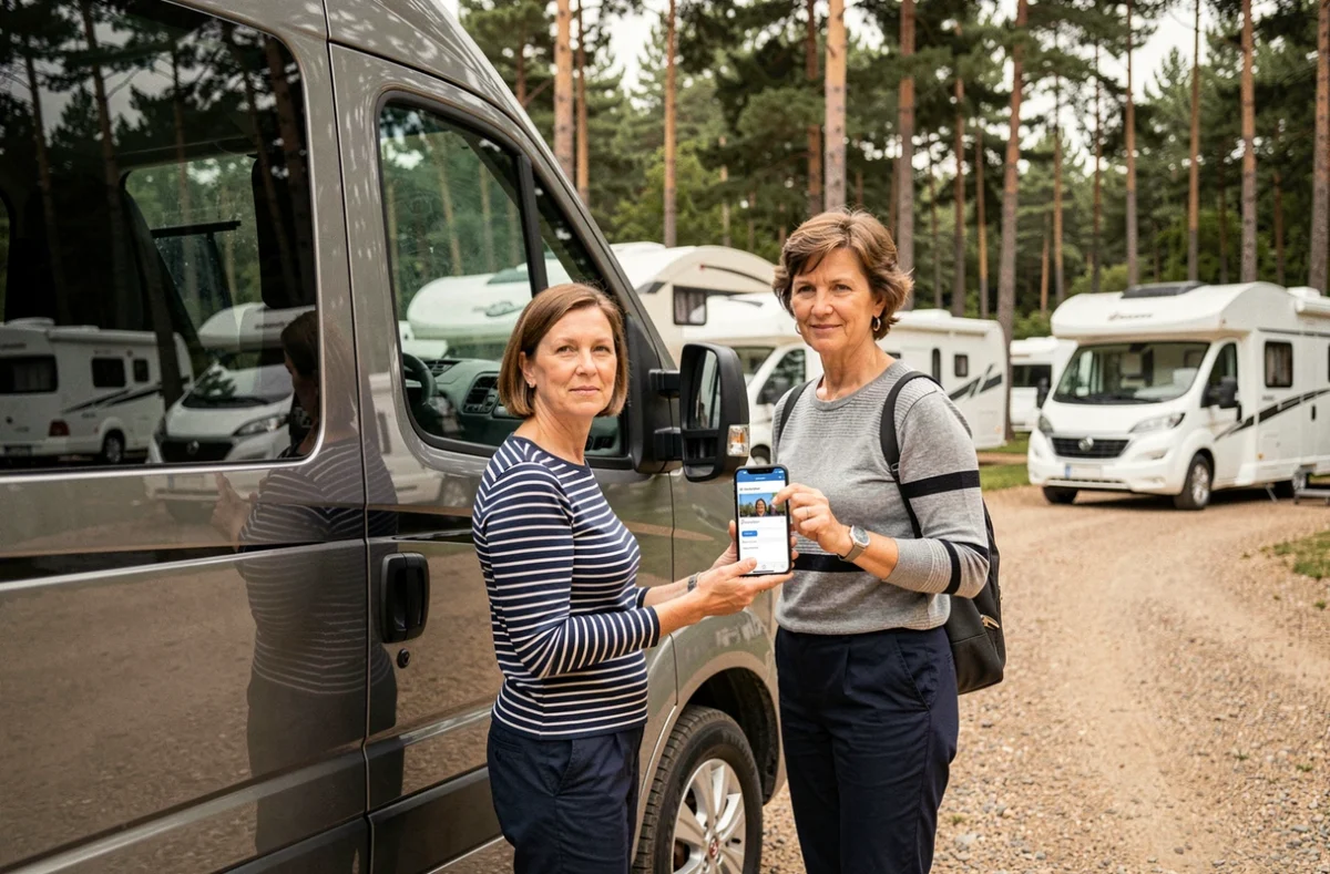 Femme d'âge moyen consultant une application d'assurance camping-car sur son téléphone devant son véhicule dans un camping