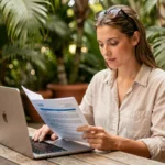 Femme consultant son assurance voyage sur un ordinateur portable dans un café tropical à Bali