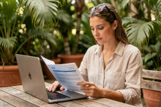 Femme consultant son assurance voyage sur un ordinateur portable dans un café tropical à Bali
