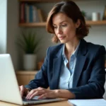 Femme d'âge moyen utilisant son ordinateur pour la banque en ligne