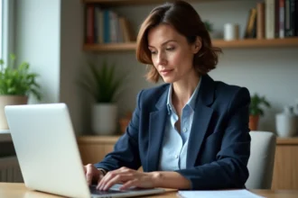 Femme d'âge moyen utilisant son ordinateur pour la banque en ligne