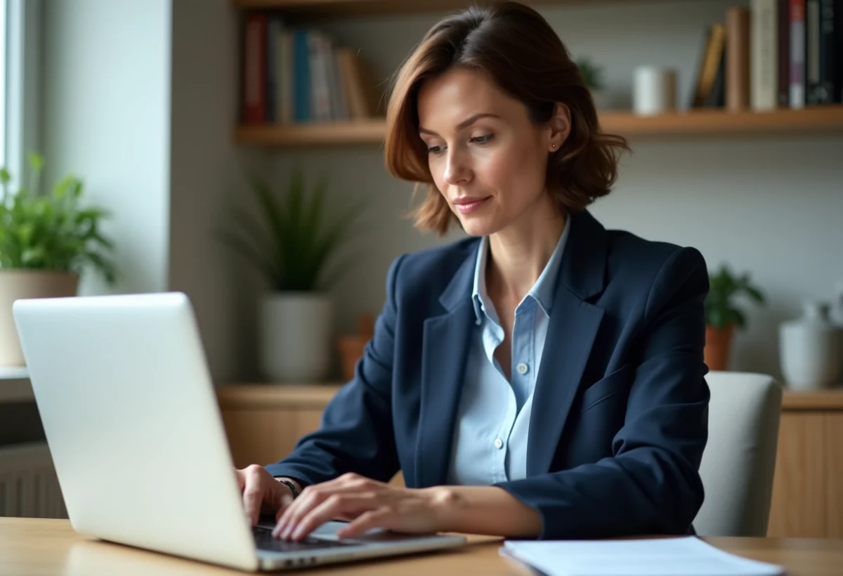 Femme d'âge moyen utilisant son ordinateur pour la banque en ligne