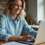 Femme détendue utilisant son ordinateur pour la banque en ligne