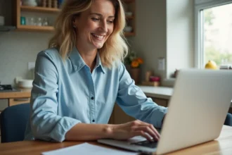 Femme détendue utilisant son ordinateur pour la banque en ligne