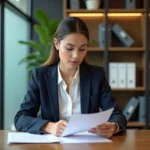 Femme en costume examinant un document de pret en banque