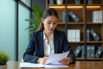 Femme en costume examinant un document de pret en banque