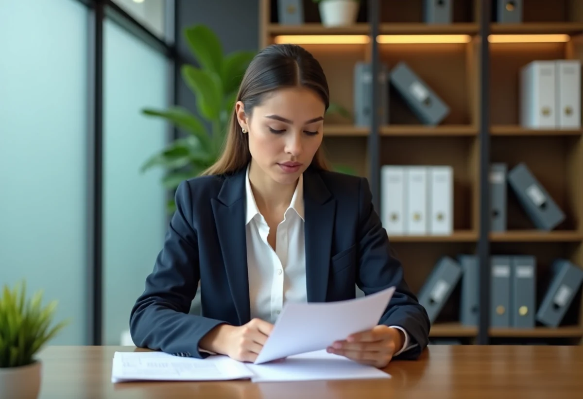Femme en costume examinant un document de pret en banque