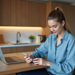 Jeune femme utilisant une application bancaire sur smartphone à la maison